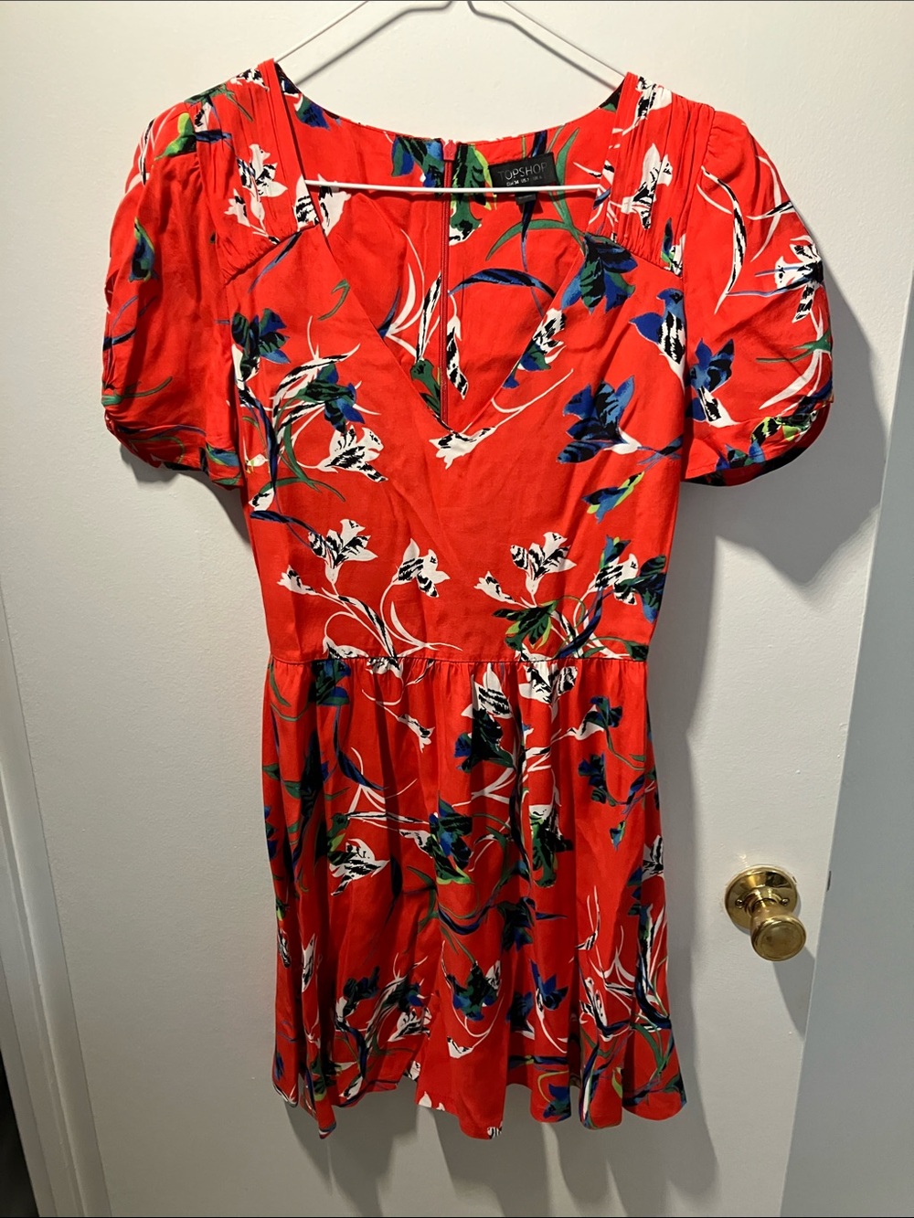 Topshop Red Floral Puff-Sleeve Mini Dress